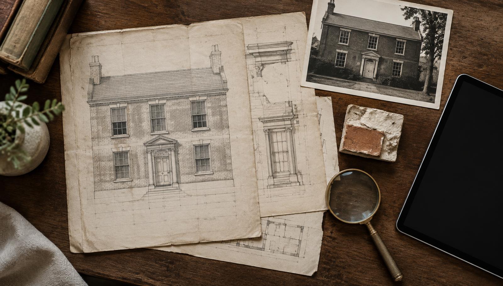 Historic architectural drawings, an old photograph and a mortar sample beside a tablet