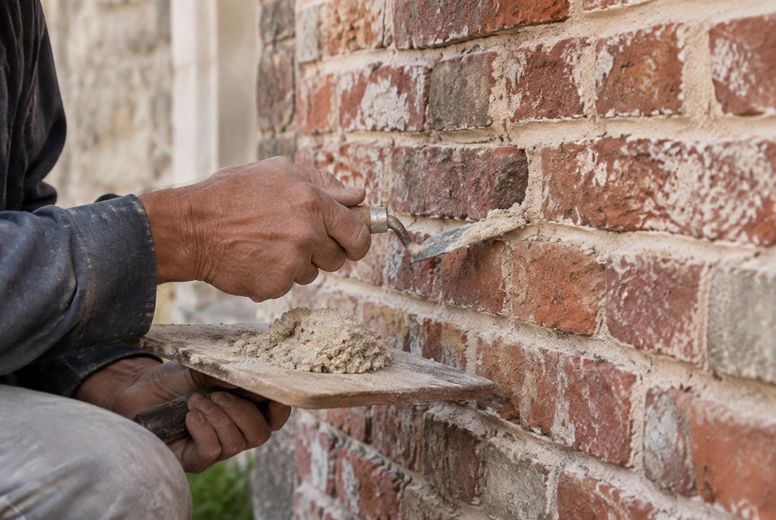 A mason's hands repointing historic brick with lime mortar