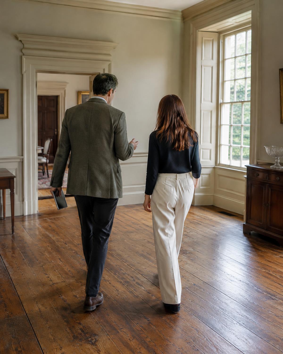 Two people walking through a historic interior with wide-plank floors and tall windows